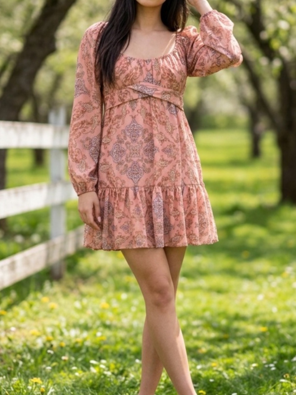Flying Tomato Peach Paisley Long-Sleeve Mini Dress Sz L
